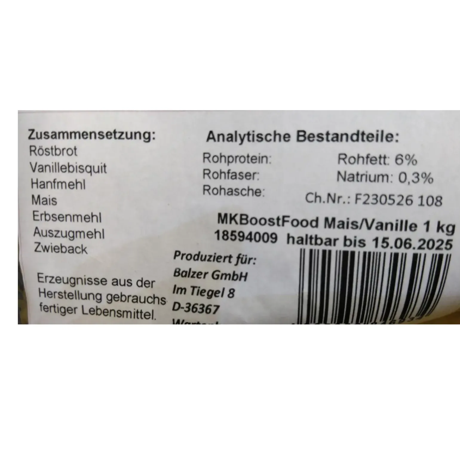 Balzer MK Booster Food Mais/Vanille 1kg Grundfutter