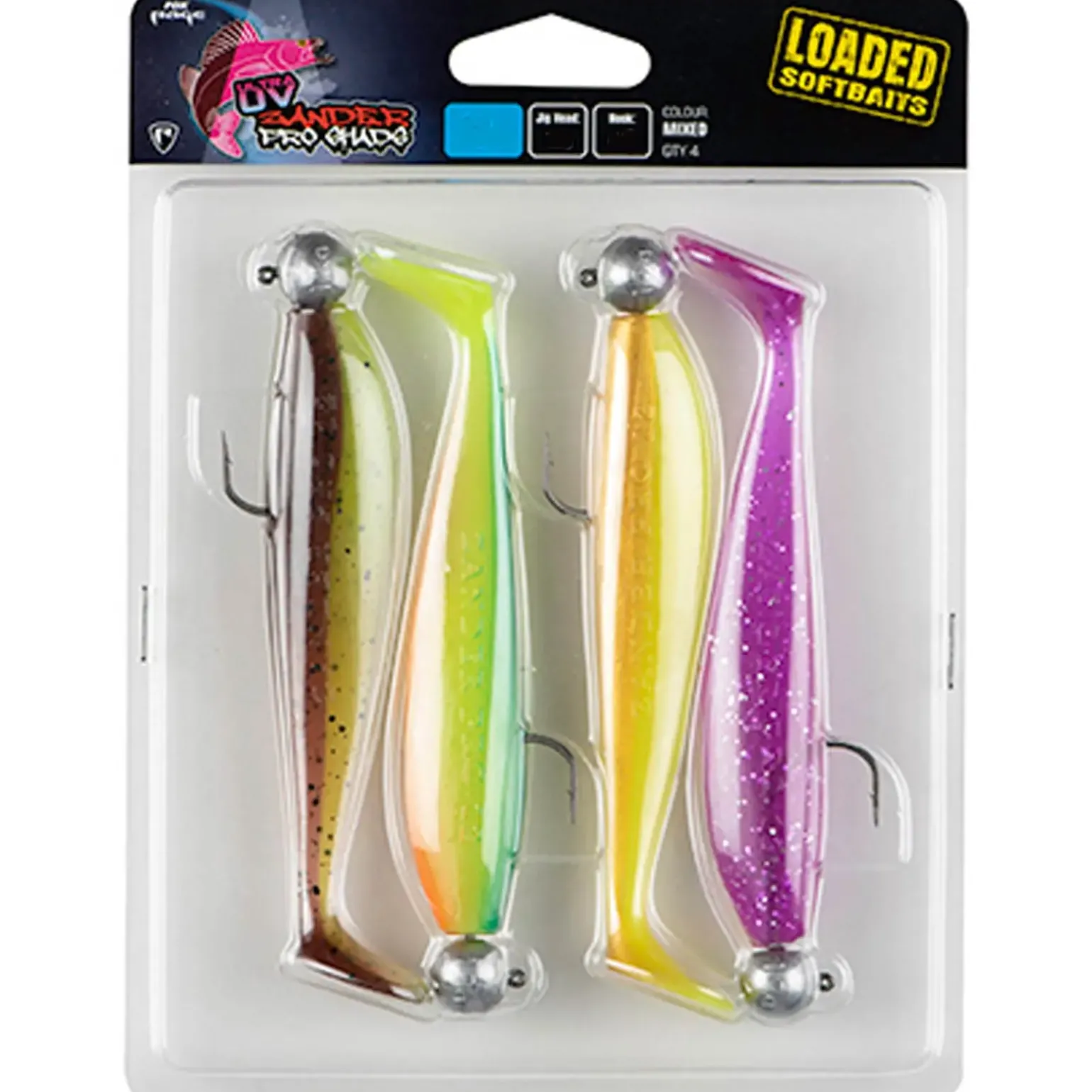 Fox Rage Zander Pro Shad 12cm x4 Mixed UV colour Pack LOADED 12g 4/0 heaad Gummifisch Set